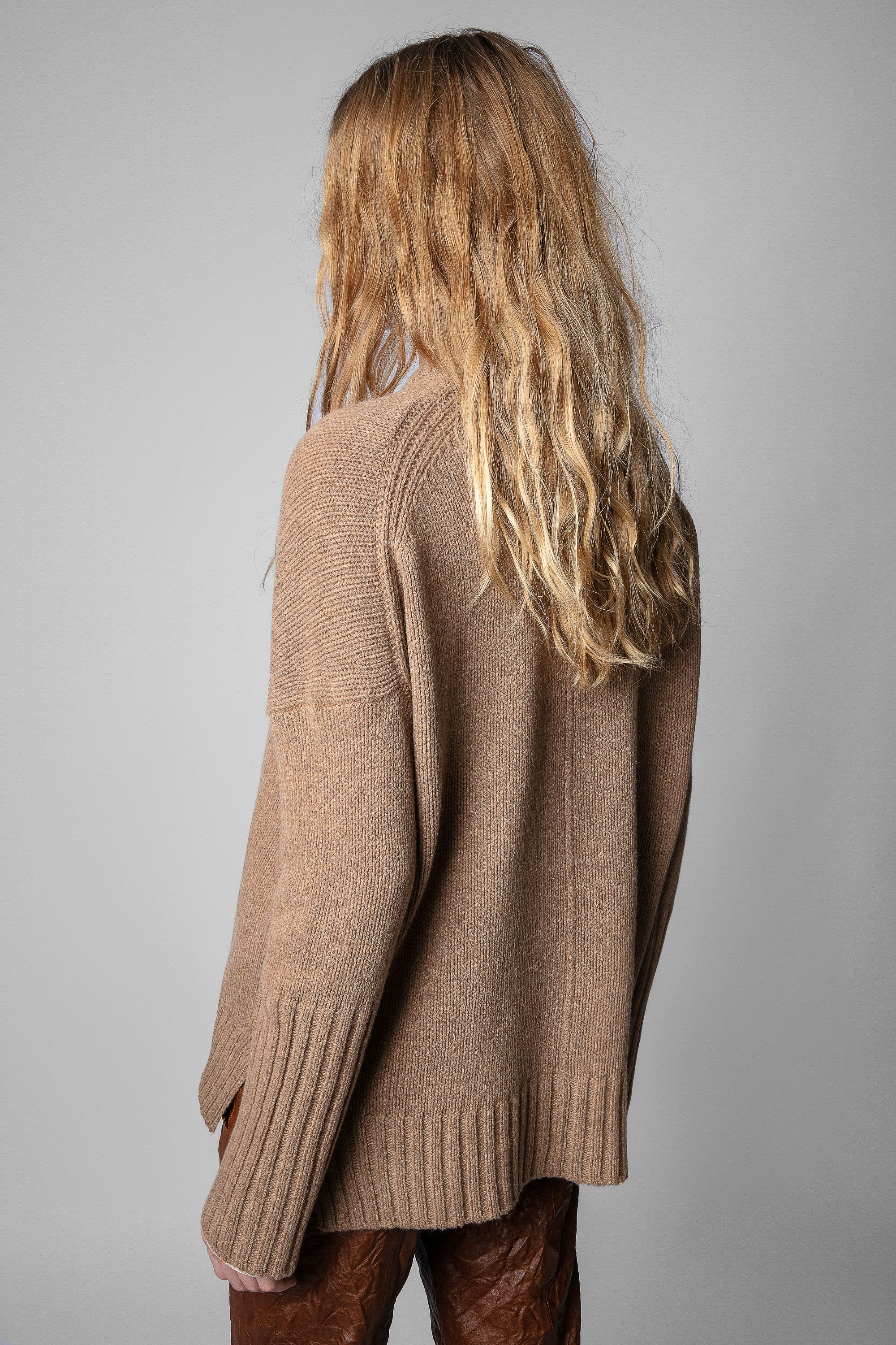 Malta Sweater - Women's cognac merino wool turtleneck sweater with covered buttons